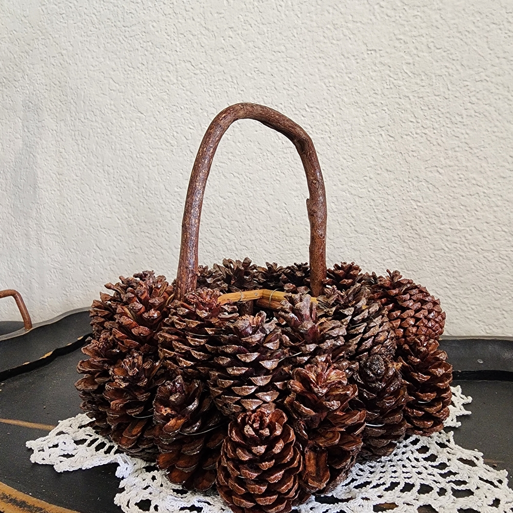 Rustic Vintage Pinecone Basket - Cottagecore, Farmhouse Christmas Vibes